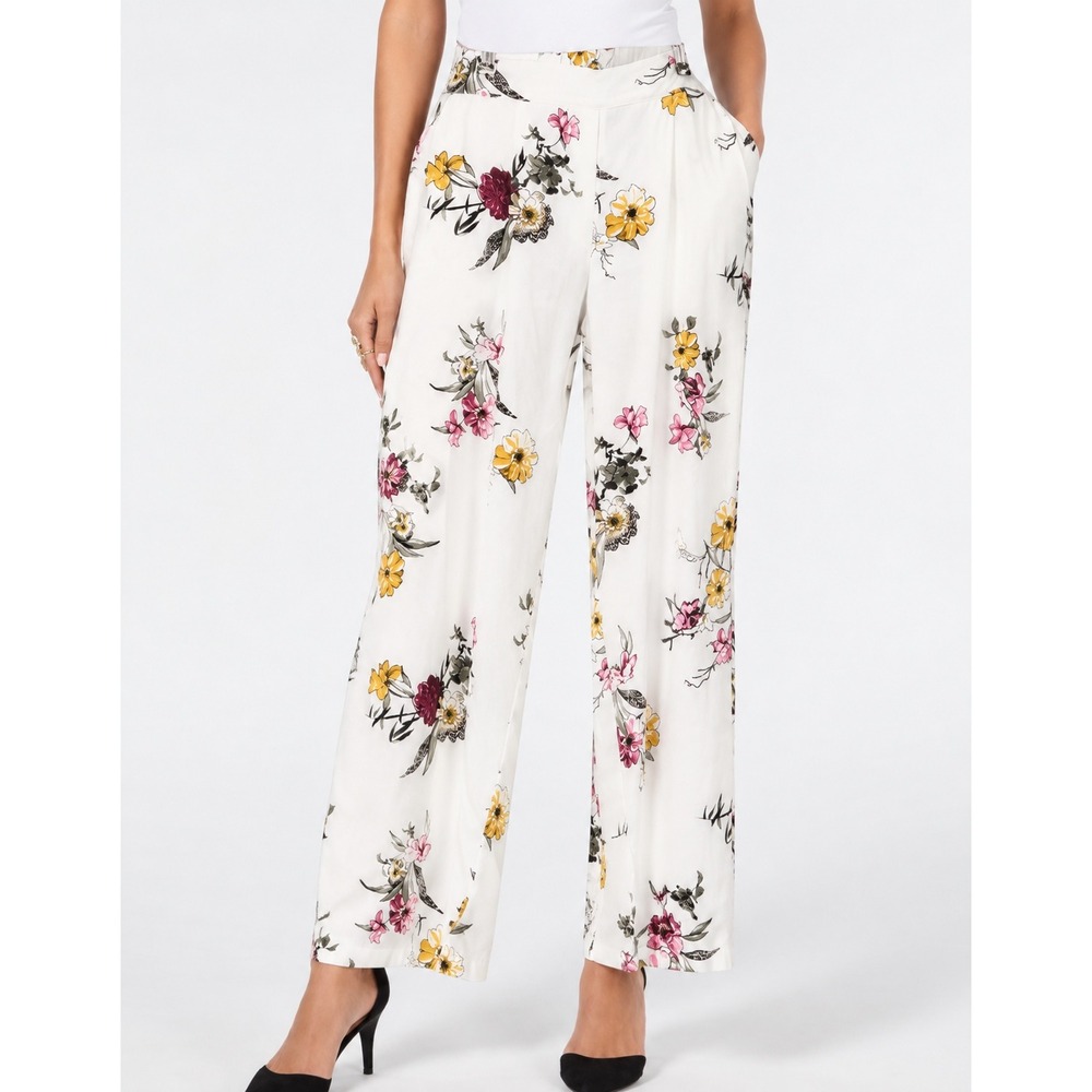 Thalia Sodi Floral Wide Leg Pants Flowy White Yellow Pink Women's Medium EUC